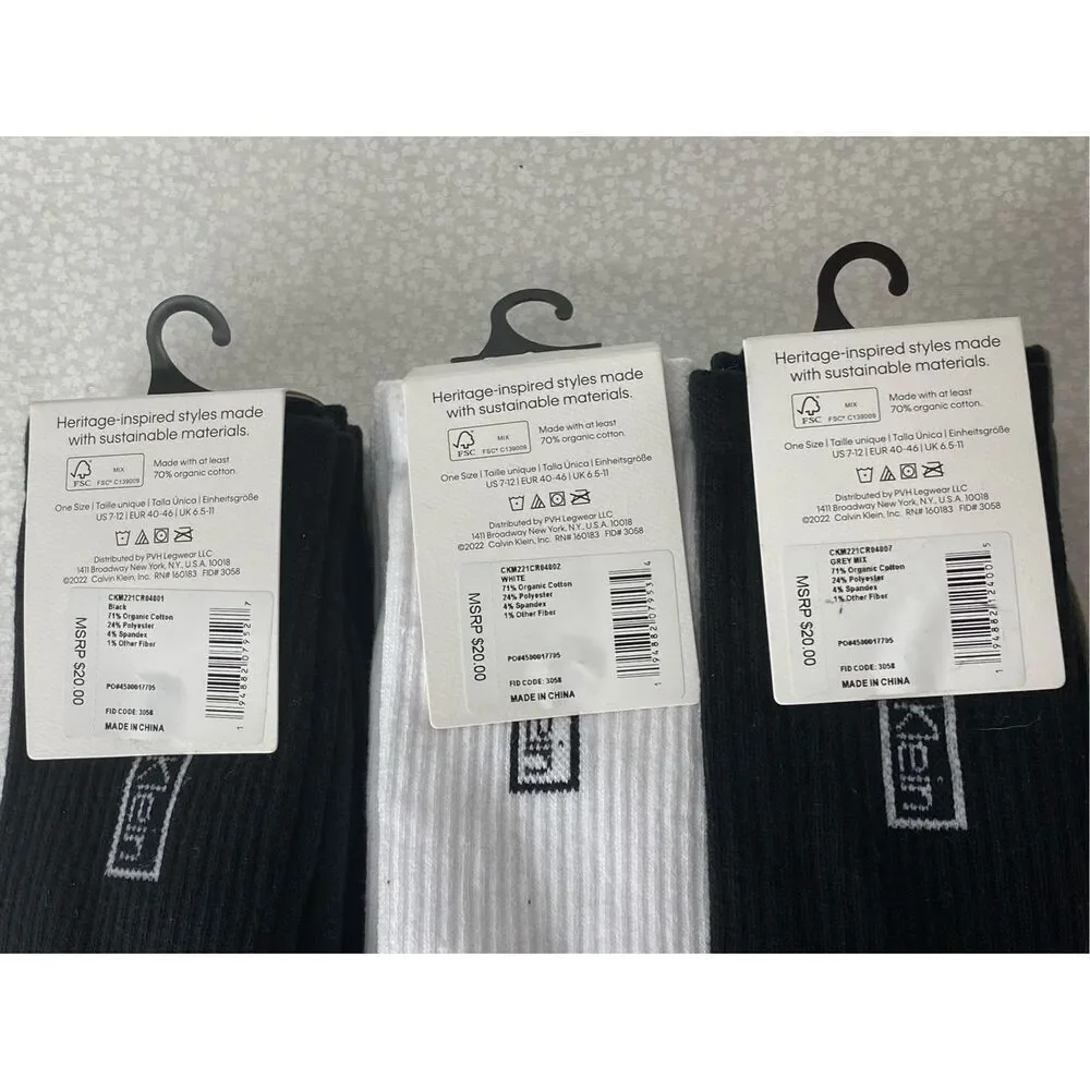 Calvin Klein 3 Men’s 3-Pack Reimagined Heritage Cushioned Crew Socks ONE SIZE